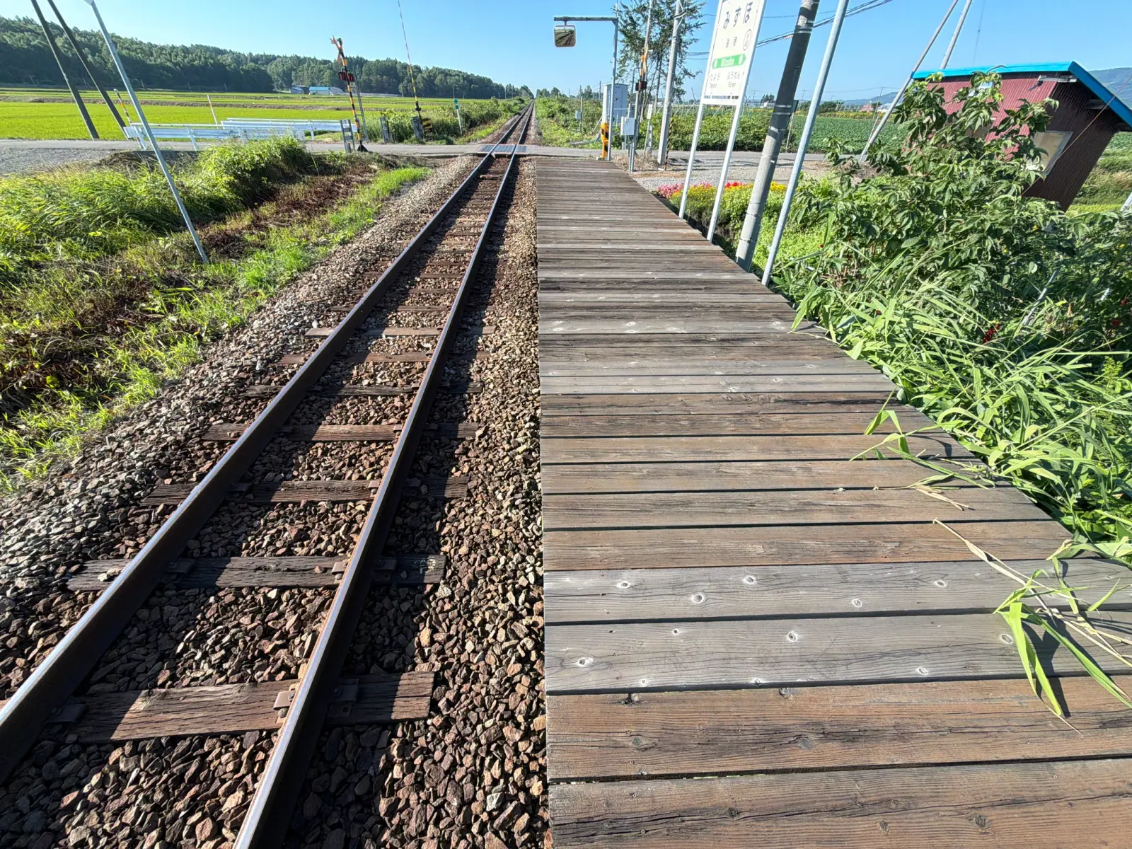 まっすぐ続く線路と瑞穂駅の木製ホーム