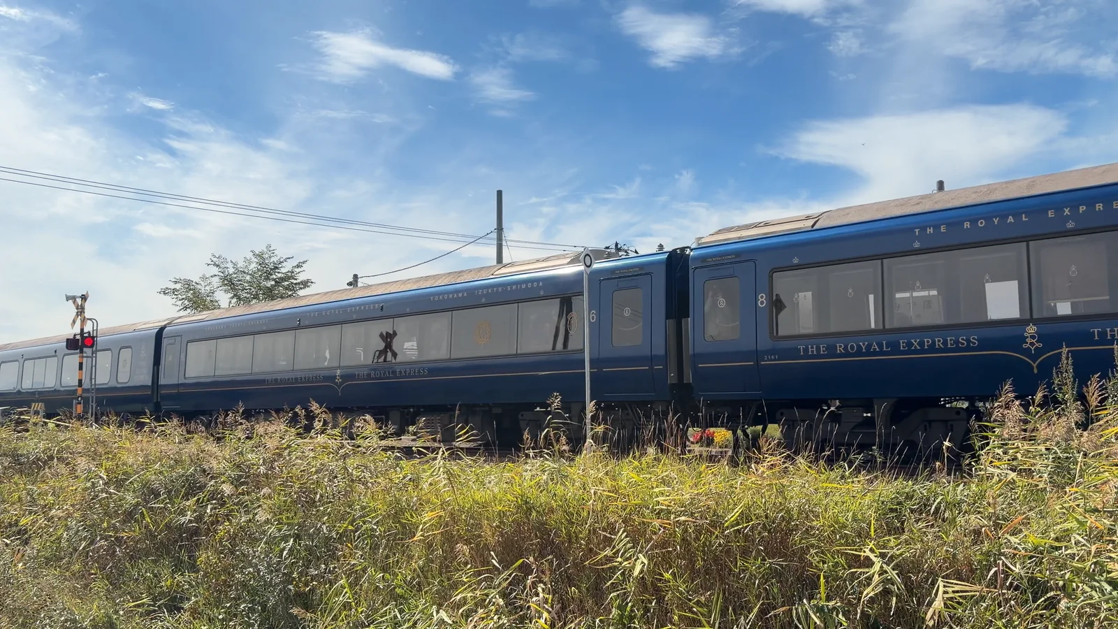 青空と草原を背景に瑞穂駅を通過するTHE ROYAL EXPRESSの客車